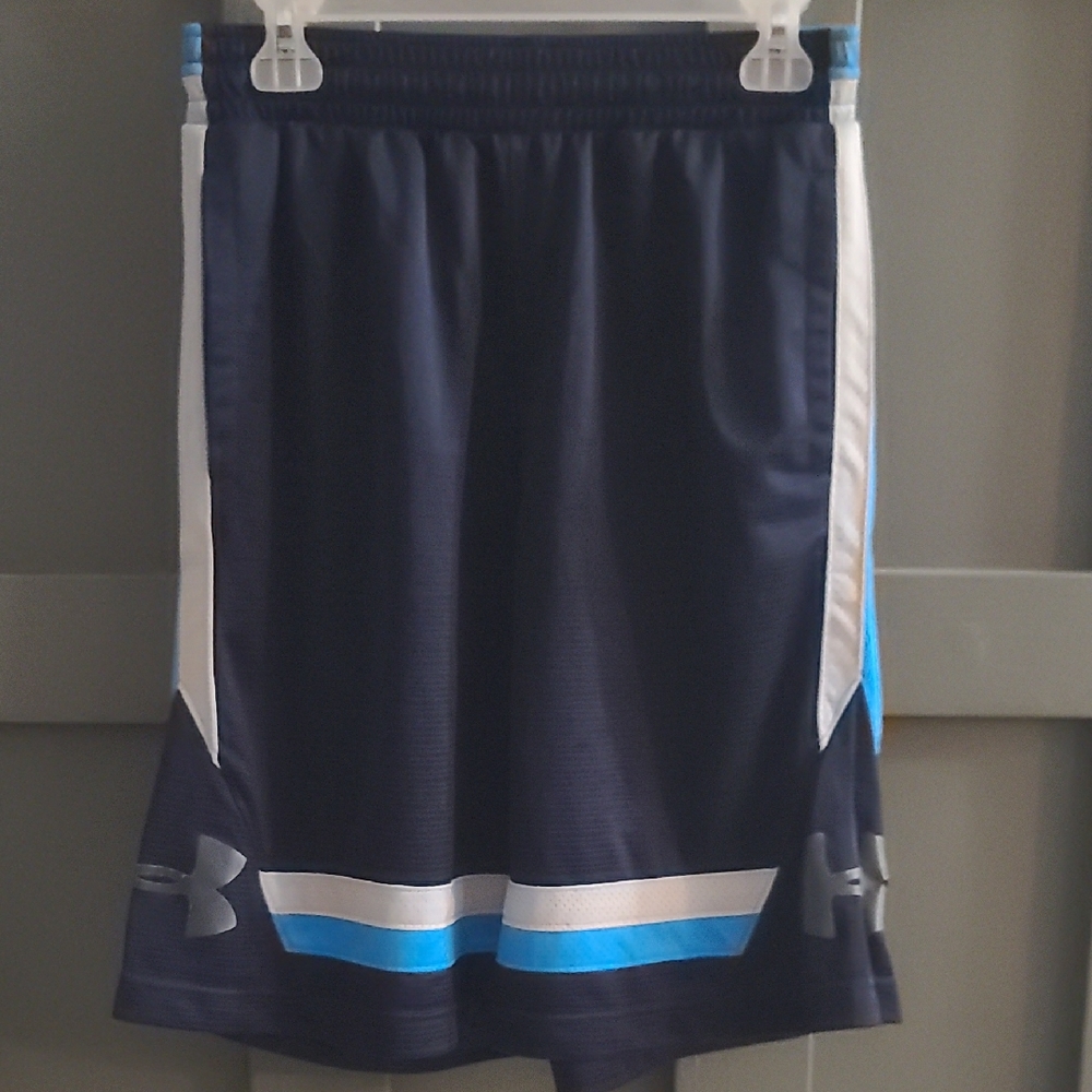 Under Armour Dark Blue Sports Shorts with White and Light Blue Stripes